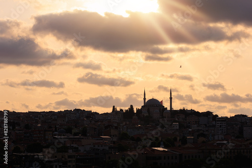 Orange sky at sunset in the evening. Seascape overlooking the coast in the city of Istanbul