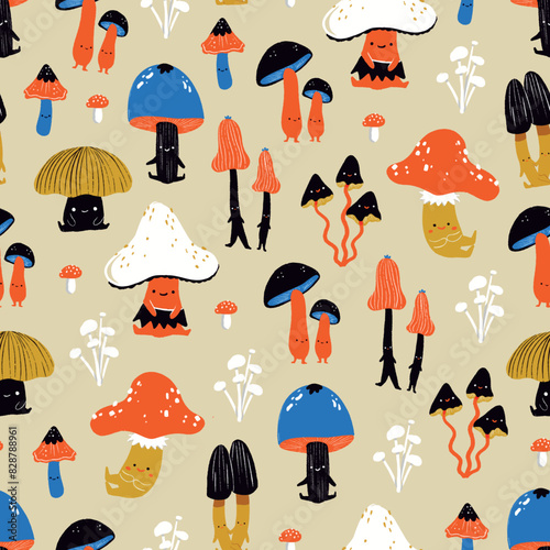 Cute autumn mushrooms - illustrated seamless pattern