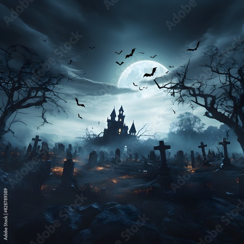 Scary graveyard with tombstones. Vampire castle in the background. Generative AI.