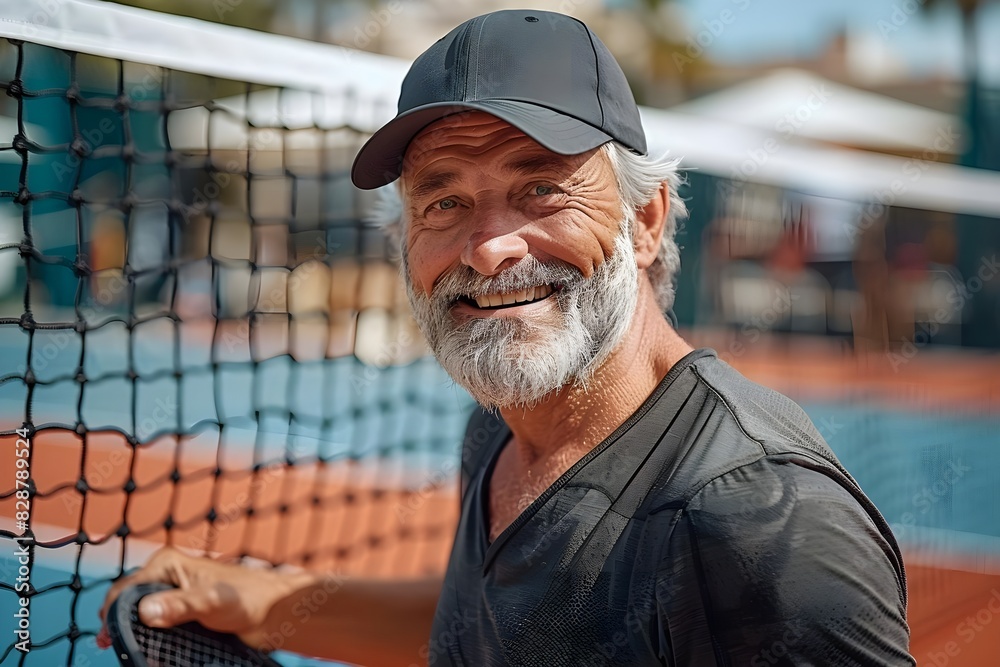 Cheerful senior man with a cap playing pickleball on an outdoor court, engaging with a younger player Cheerful senior man with a cap playing pickleball on an outdoor court, engaging with a younger player