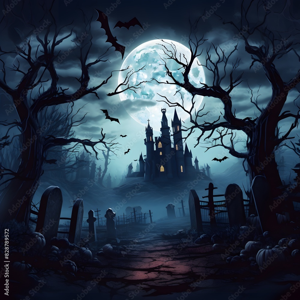 Scary graveyard with tombstones. Vampire castle in the background. Generative AI.