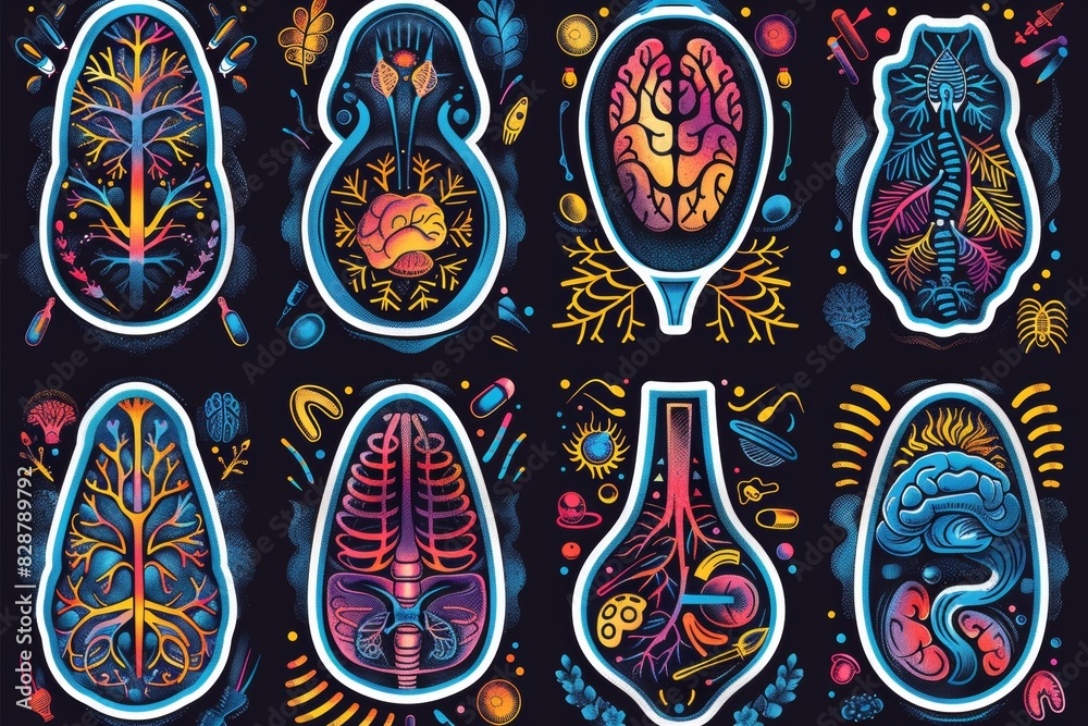 Fototapeta premium Detailed vector illustration of anatomical elements on a dark background, emphasizing scientific research and medical themes with vibrant design