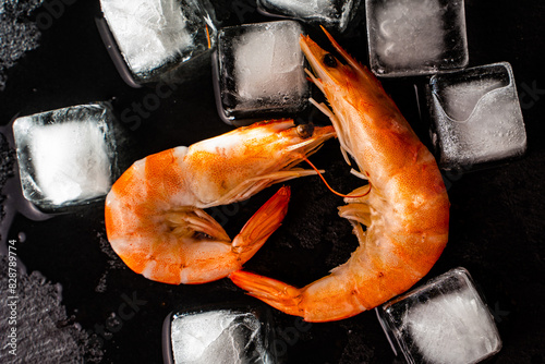 Shrimp on a black mica plate with ice cubes. photo