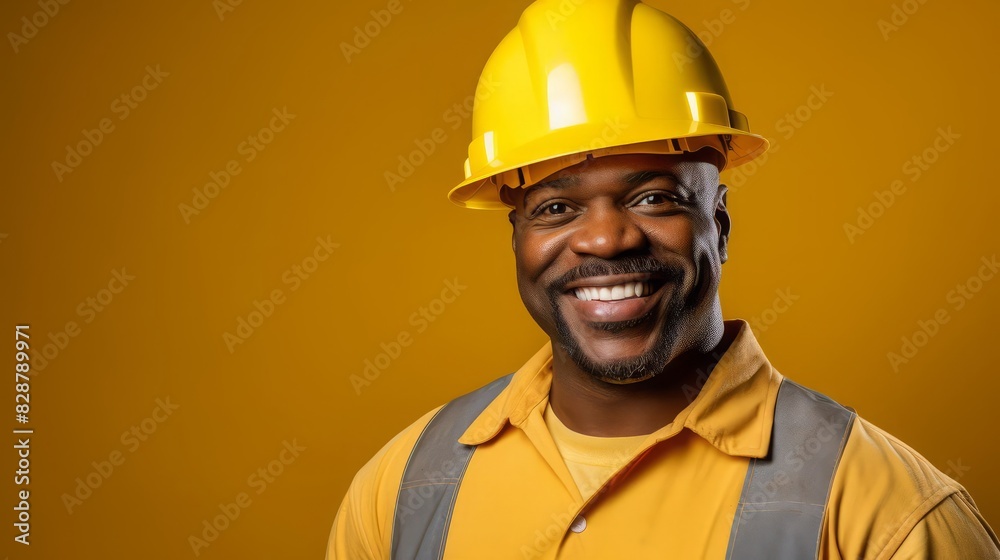 A happy construction worker in a yellow hard hat and brown overalls, smiling confidently in front of a vivid yellow background, representing the joy and dedication of skilled labor A happy construction worker in a yellow hard hat and brown overalls, smiling confidently in front of a vivid yellow background, representing the joy and dedication of skilled labor