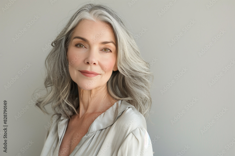 Fototapeta premium Portrait of an elegant mature woman with grey hair, confidence and beauty. Skin care and wellness concept, copy space