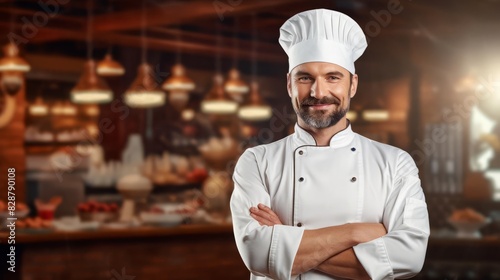 A friendly and skilled chef in white attire and a hat, posing with a confident smile and crossed arms, highlighting the dedication and expertise in the culinary profession