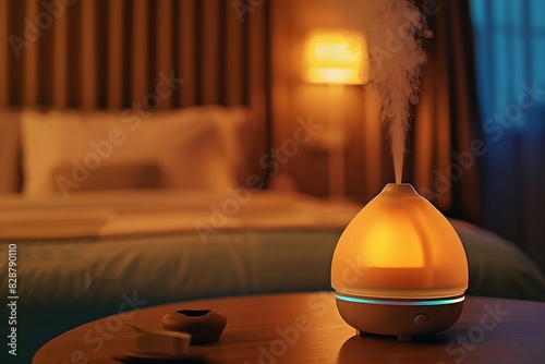 An atmospheric image of an ultrasonic air humidifier softly glowing with LED lights in a dimly lit bedroom, creating a calming ambiance for a restful night's sleep.  photo