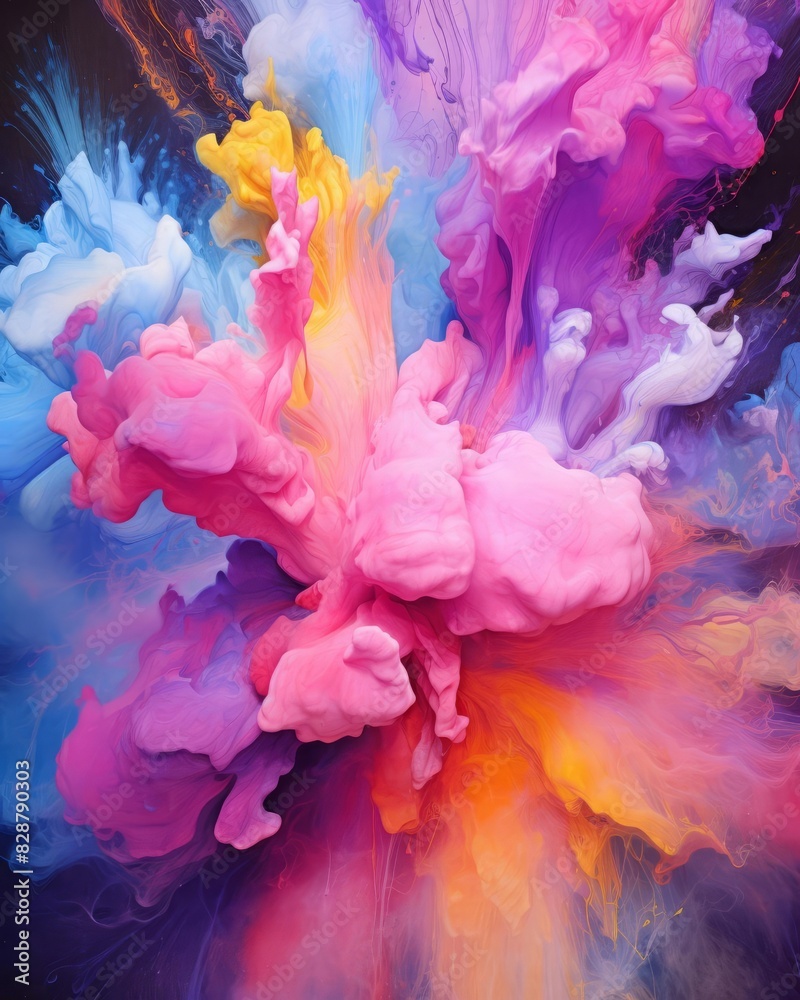 Fototapeta premium An energetic explosion of multicolored powders, including bright blues, pinks, yellows, and purples, set against a dark background, representing the beauty and chaos of artistic expression