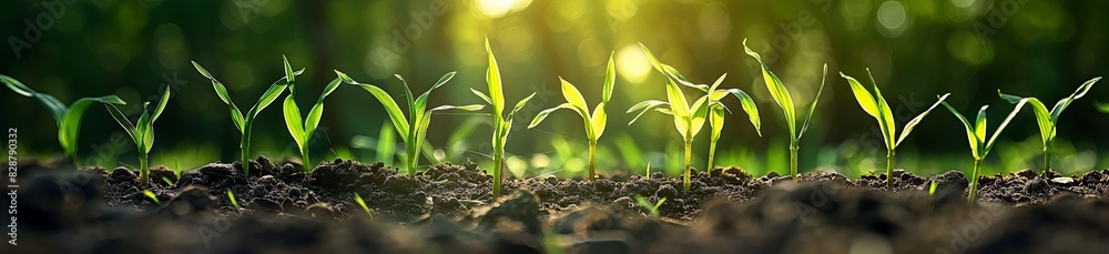 Photograph of Barley seedlings growing in the soil, background with blurred forest, panoramic view, macro photography in the style of forest. Photograph of Barley seedlings growing in the soil, background with blurred forest, panoramic view, macro photography in the style of forest.