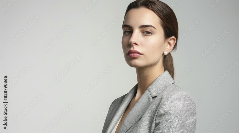 A classic portrait of a female accountant in a light grey suit and pearl earrings. A classic portrait of a female accountant in a light grey suit and pearl earrings.
