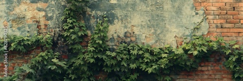Overgrown ivy creates an organic contrast against the texture of old brickwork on an aged wall © gunzexx png and bg
