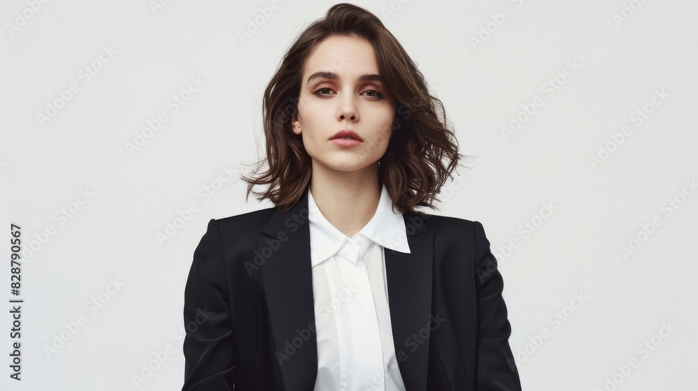 A sophisticated depiction of a female business professional in a classic black blazer and white blouse. A sophisticated depiction of a female business professional in a classic black blazer and white blouse.