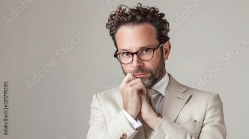 A professional portrait of a male executive in a bespoke cream suit, looking over his glasses with a measured gaze.  photo