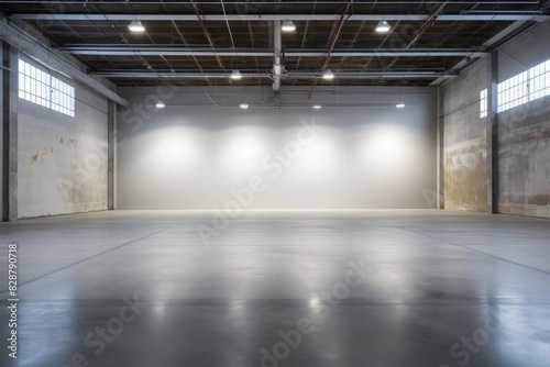 A modern, empty warehousestyle interior with pristine concrete flooring and ample wall space, bathed in natural and artificial light, perfect for creative endeavors or events