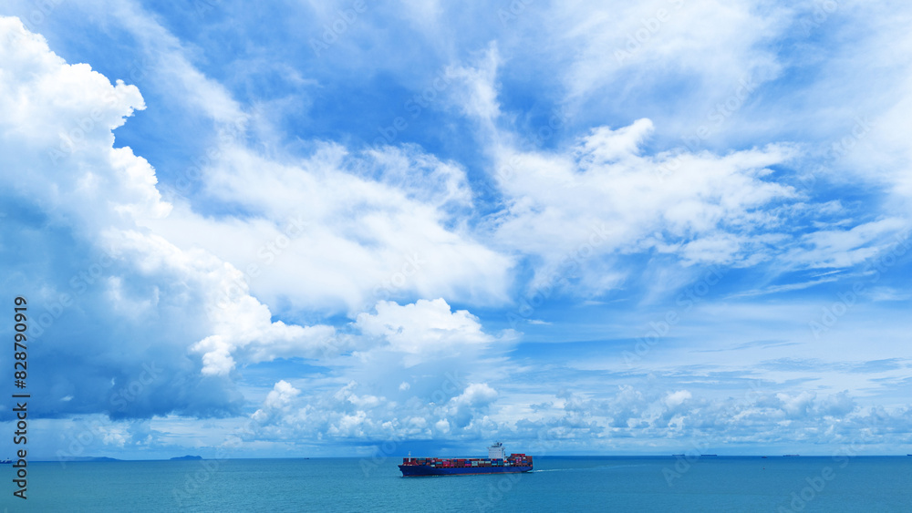 Side Cargo container ship on beautiful sky cloud carrying container and running out international container port customs shipyard sea port concept smart logistic Side Cargo container ship on beautiful sky cloud carrying container and running out international container port customs shipyard sea port concept smart logistic