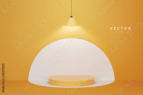 Realistic 3d vector yellow podium in corner room with hanging lamp design for web or social media are available for use on online shopping websites or in social media advertising.