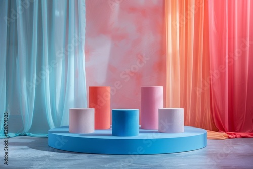 Vibrant product podium with baby blue, salmon-orange, peach, and ruby red tones, styled in minimalistic design for eye-catching advertisements. photo