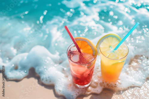 Fresh lemonade juices with sliced citrus fruits and ice in glasses served on the coastline of the beautiful beach against sea background. Refreshing and non-alcoholic summer tropical drink concept