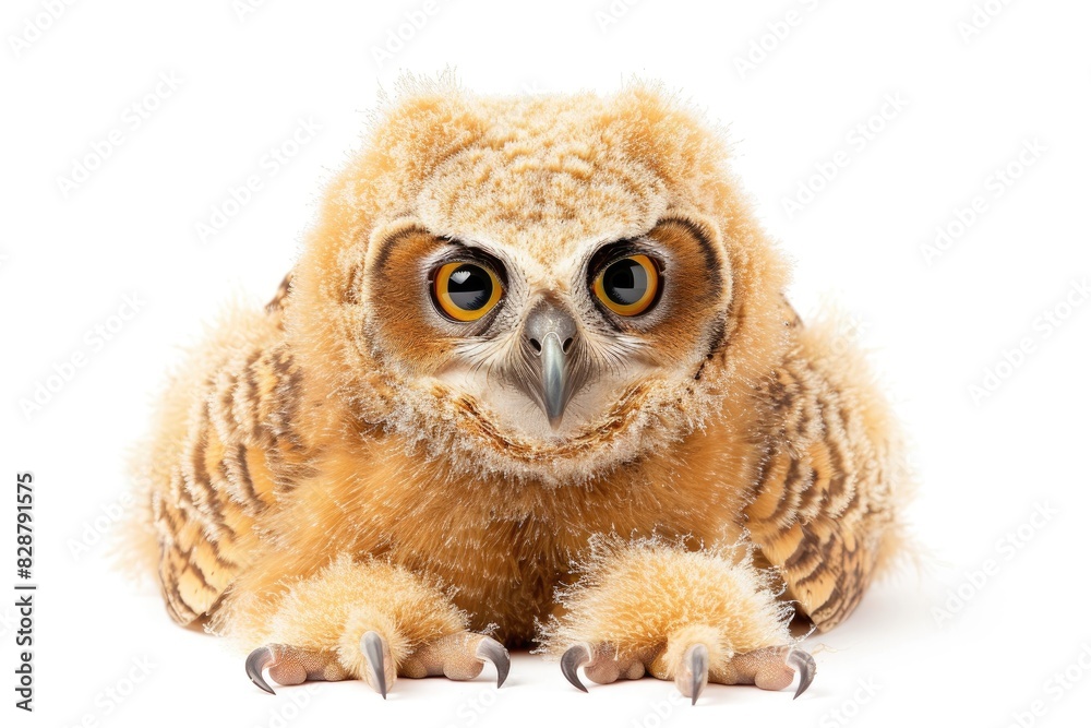 Obraz premium Cute baby owl with big round eyes isolated on white background