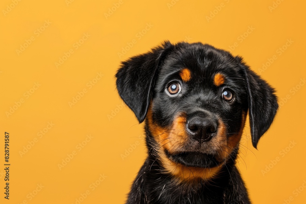 Cute Rottweiler puppy with a soft expression on an orange background Cute Rottweiler puppy with a soft expression on an orange background