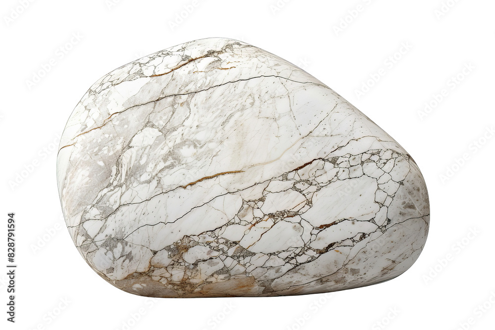 Obraz premium A smooth, white stone with intricate grey veins, isolated on a black background.
