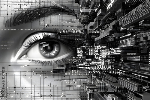 an abstract tech-noir concept art of a human eye merged with intricate digital circuitry photo