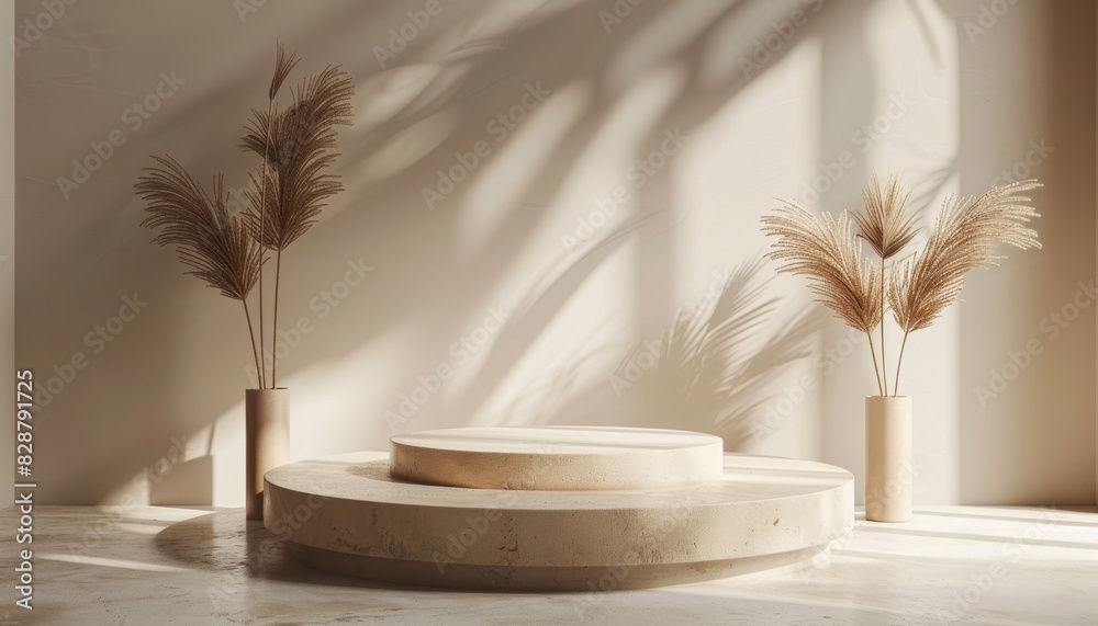 Minimalist product podium in Brown Sugar and Beige tones, following the rule of thirds for captivating product photography in advertisements. Minimalist product podium in Brown Sugar and Beige tones, following the rule of thirds for captivating product photography in advertisements.