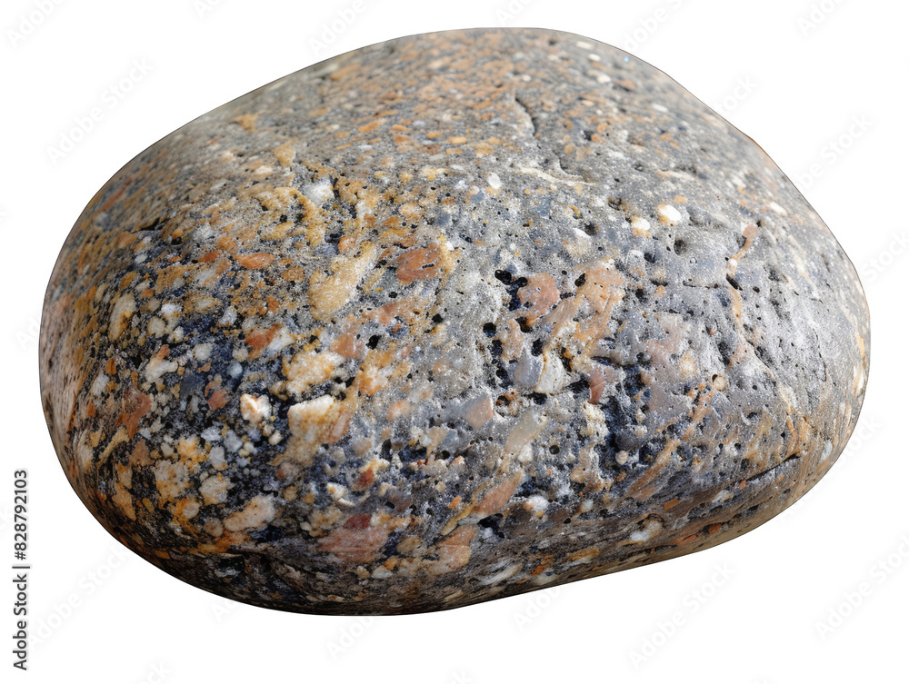 A smooth, gray, and speckled river rock with a natural, rounded shape. The stone is weathered and has a variety of colors and textures. A smooth, gray, and speckled river rock with a natural, rounded shape. The stone is weathered and has a variety of colors and textures.
