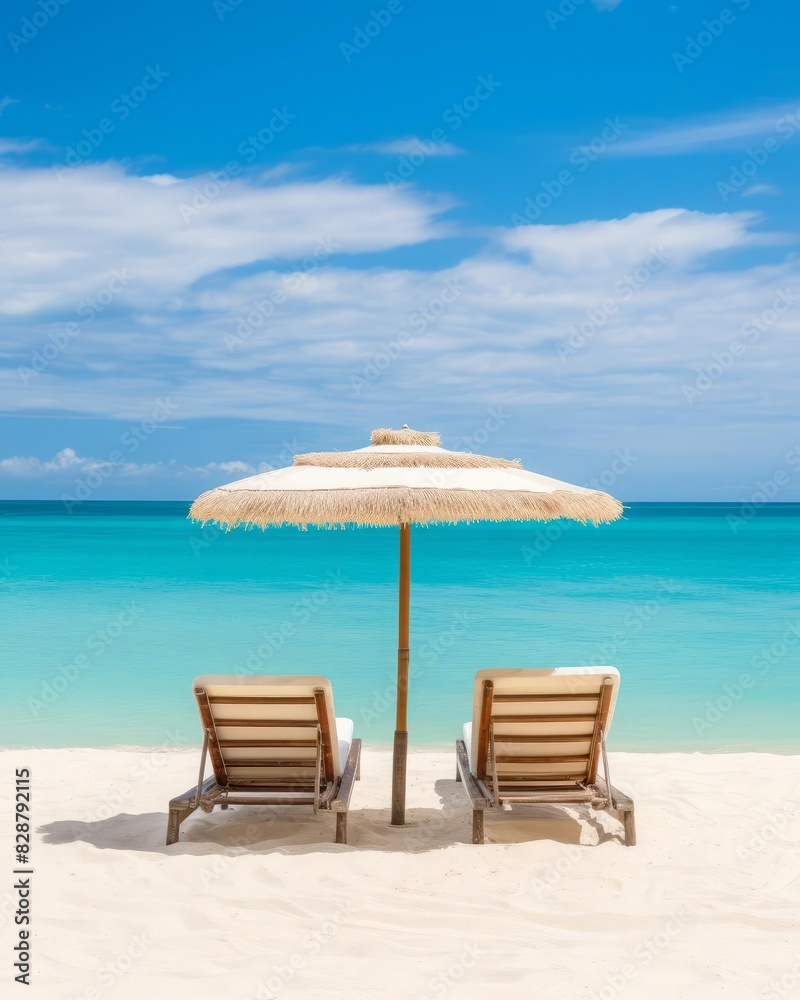 Fototapeta premium A tranquil beach view with two wooden sunbeds shaded by a white umbrella on soft white sand, overlooking calm turquoise waters and a bright blue sky