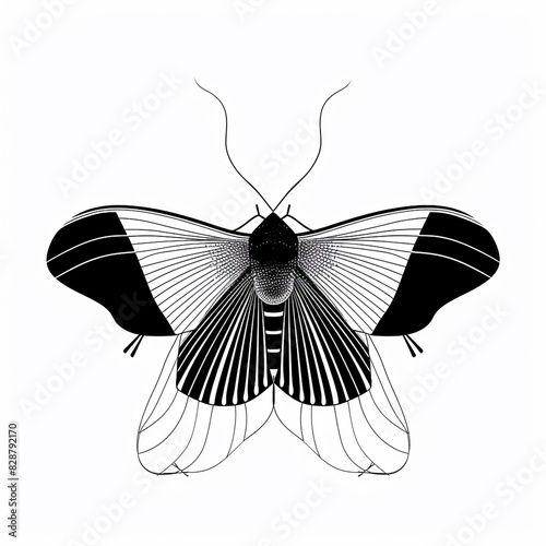 A black and white drawing of a moth, Simple vlack ink outline drawing on a white background. photo