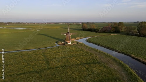 Aerial View: Historic Windmill in Wanswert, Friesland, Netherlands with Surrounding Farmland (ID: 828792788)