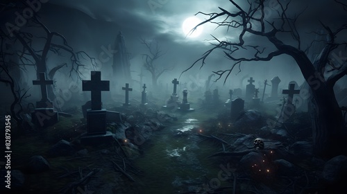 Scary graveyard with tombstones under a full moon. Generative AI.