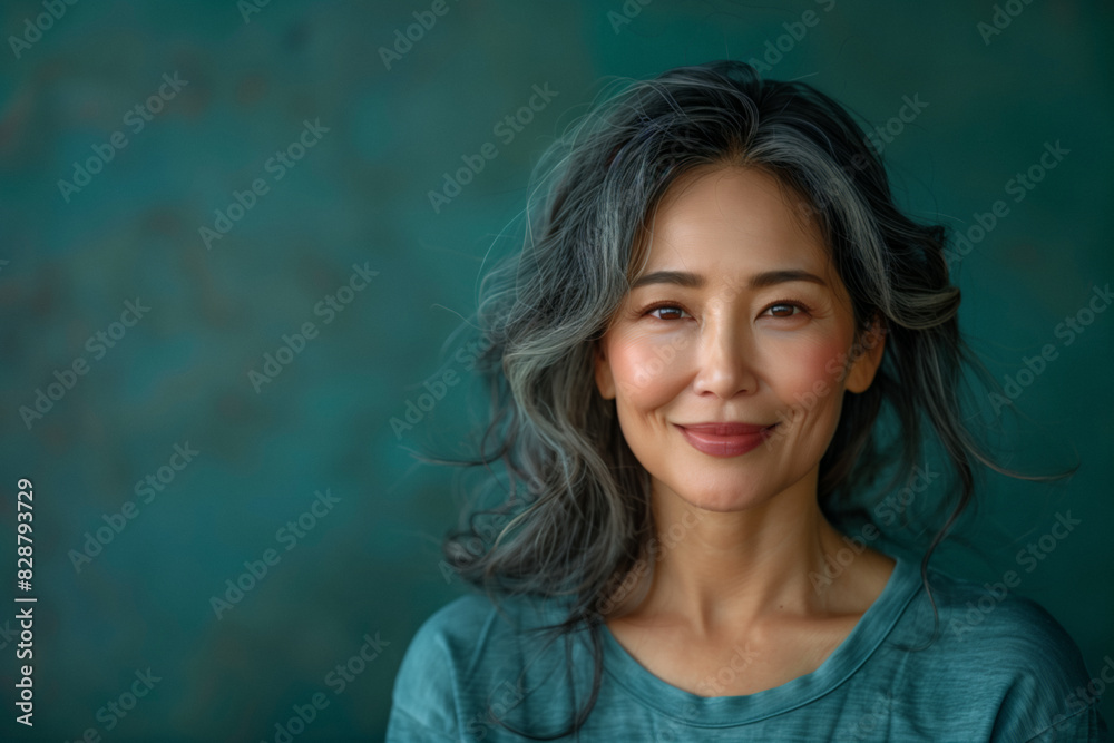 Smiling grey-haired 50-60 years old asian woman against blue green background with copy space Smiling grey-haired 50-60 years old asian woman against blue green background with copy space