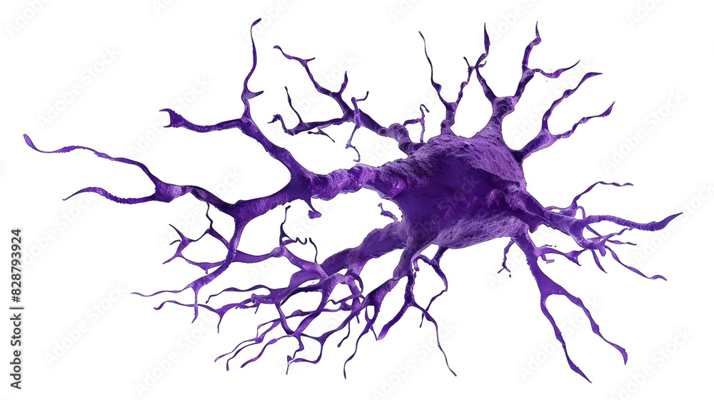 Obraz premium Abstract purple neuron cell with intricate branches, glowing in the dark. Suitable for science, medical, and technology concepts.