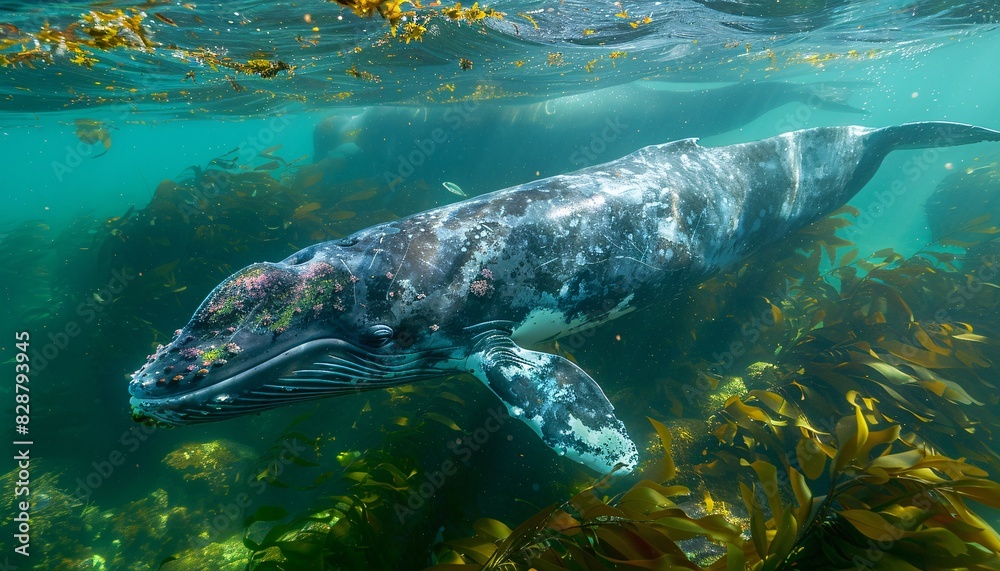 Fototapeta premium World Ocean Day Majestic Sea Whale Swimming Gracefully in Closeup Shot