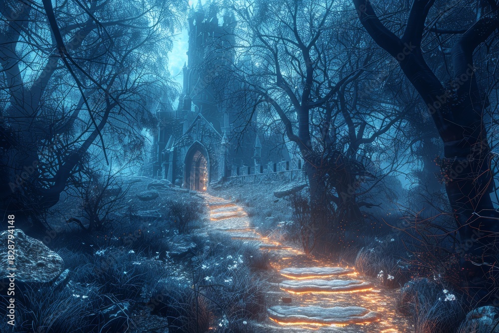 Fototapeta premium 3D Illustration of a Mysterious Glowing Forest Path Leading to an Ancient Ominous Castle - Perfect for Fantasy Journey and Halloween Themes