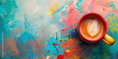 Wallpaper Mural A bright yellow mug of coffee sits atop a chaotic but vibrant palette of splattered paint, depicting creativity Torontodigital.ca