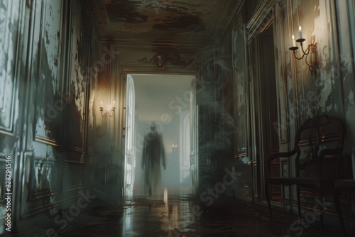 Spooky Mansion Corridor with Ghostly Apparition - Perfect for Halloween Themes and Scary Story Illustrations