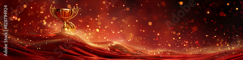 Golden trophy on a red silk background with flowing ribbons and golden particles photo
