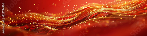 Golden trophy on a red silk background with flowing ribbons and golden particles photo