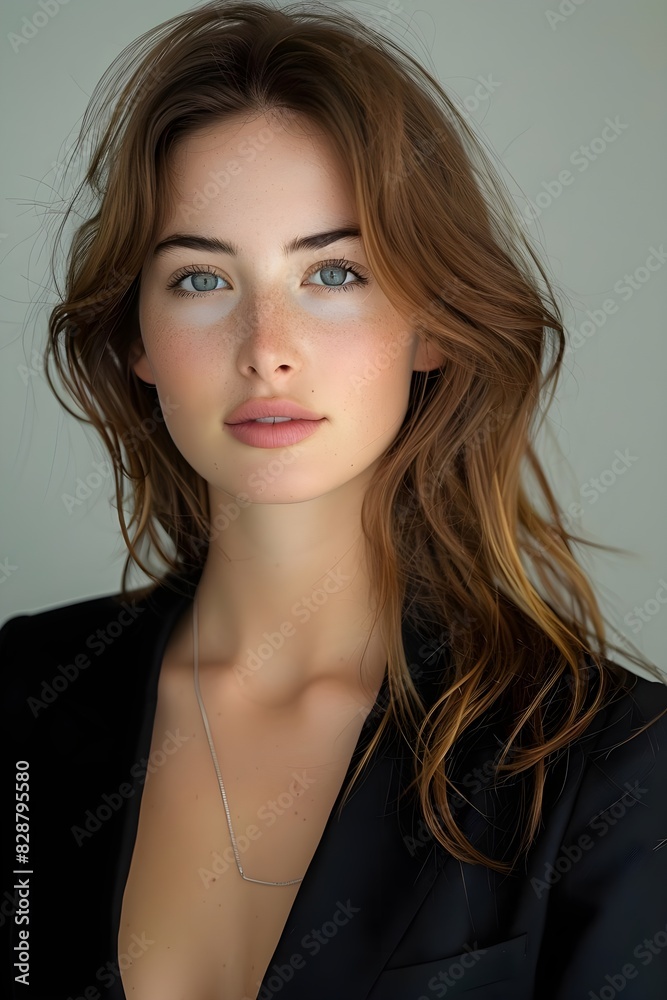 Office environment, closeup portrait photography, light gray background