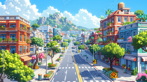 City simulation with isometric view, pixel art style photo
