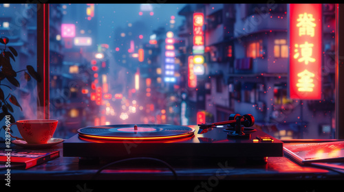 Close-up of a vintage Japanese vinyl record player at night, lofi ambiance with a neon-lit cityscape
