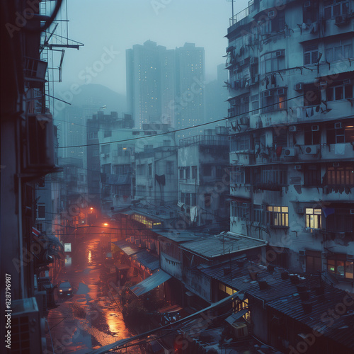 Walled city viewed from a distance in the early morning rain  cyberpunk atmosphere