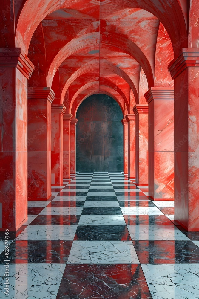 A red and white checkered floor hallway A red and white checkered floor hallway