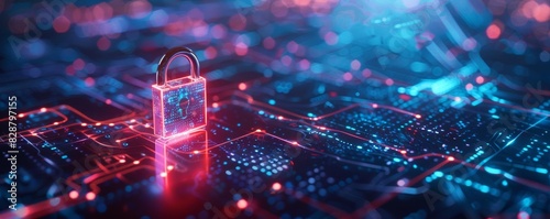 Futuristic padlock with digital interface, symbolizing network security and fraud prevention, on a dark blue matrix background CGI style