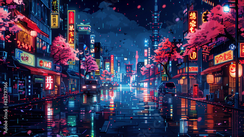 Night city in Japan in pixel art style  reminiscent of old 90s