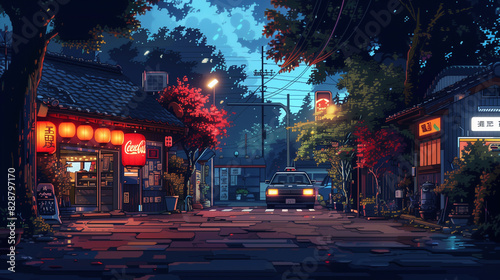 Night city in Japan in pixel art style, reminiscent of old 90s