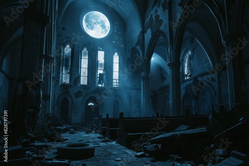 Abandoned Gothic Cathedral at Midnight with Full Moon - Perfect for Dark and Eerie Themes