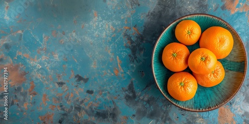 Vibrant orange mandarins artfully arranged in a blue ceramic bowl on rustic, textured blue background photo